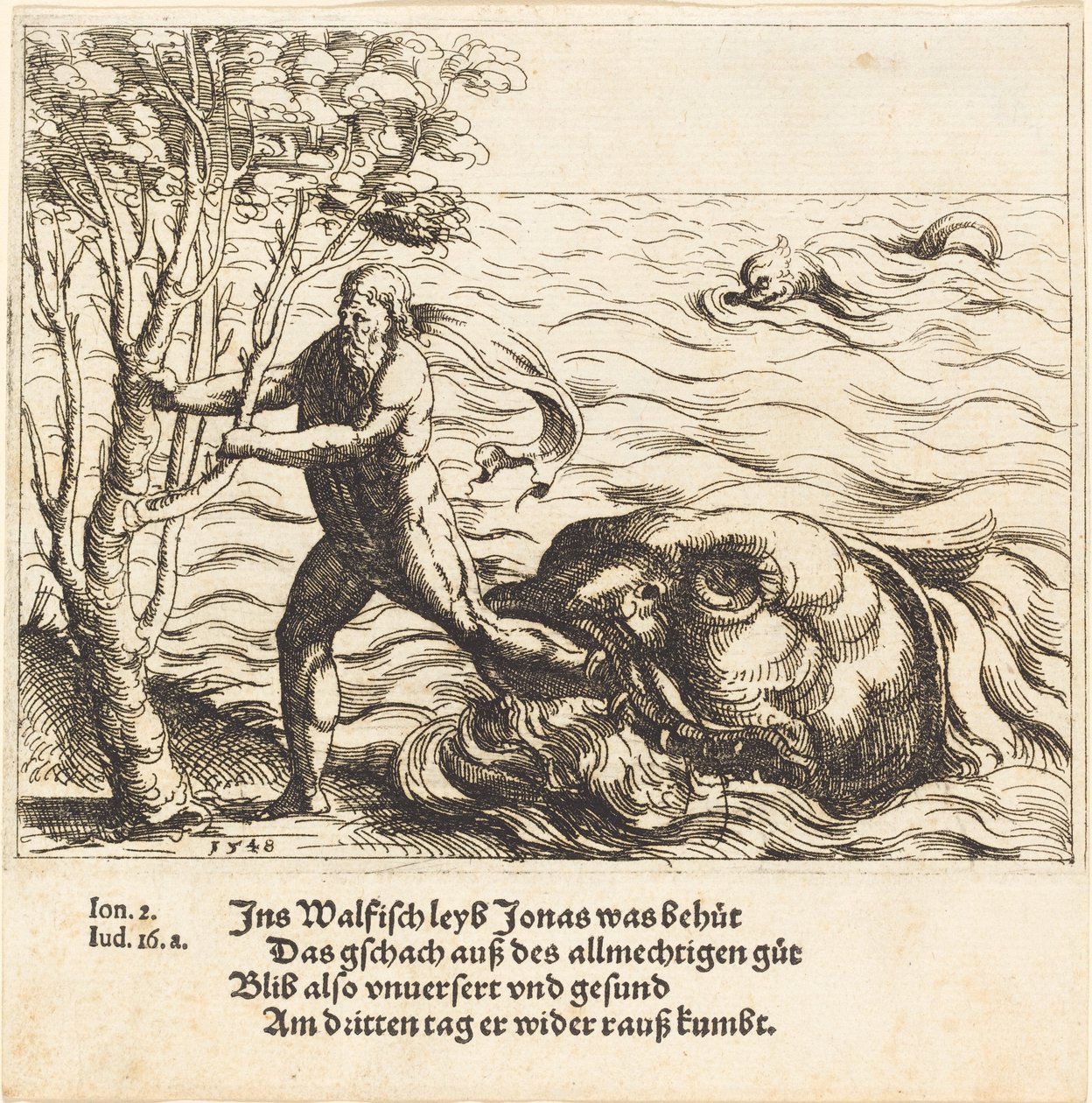 Jonas bliver udfriet fra hvalen, 1548. af Augustin Hirschvogel