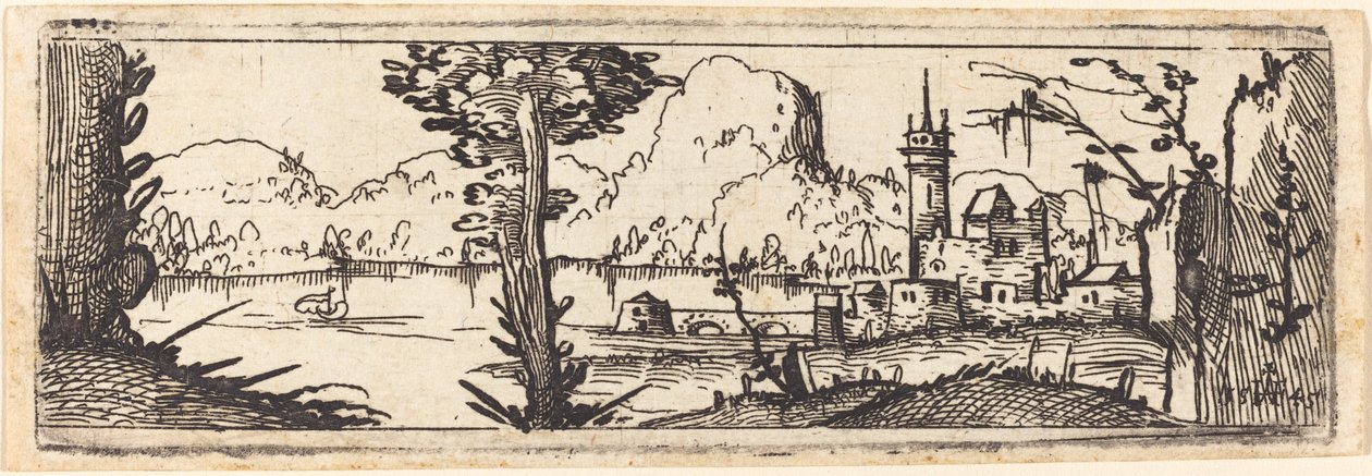 Landskab med sø og by, 1545. af Augustin Hirschvogel