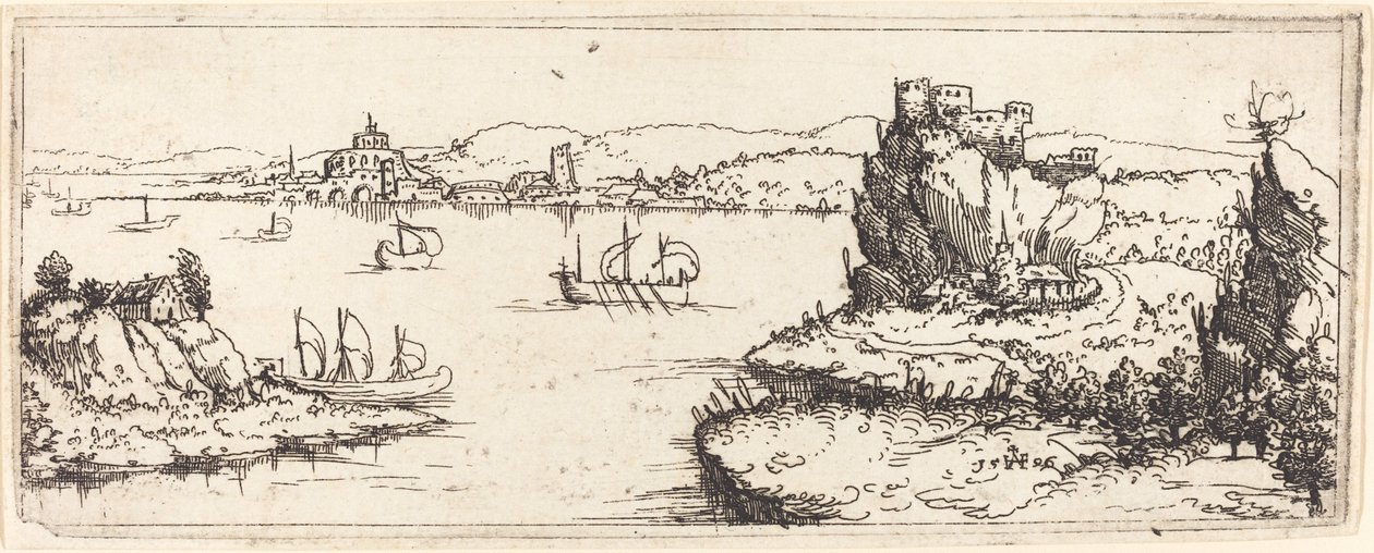 Landskab med sejlbåde, 1546. af Augustin Hirschvogel