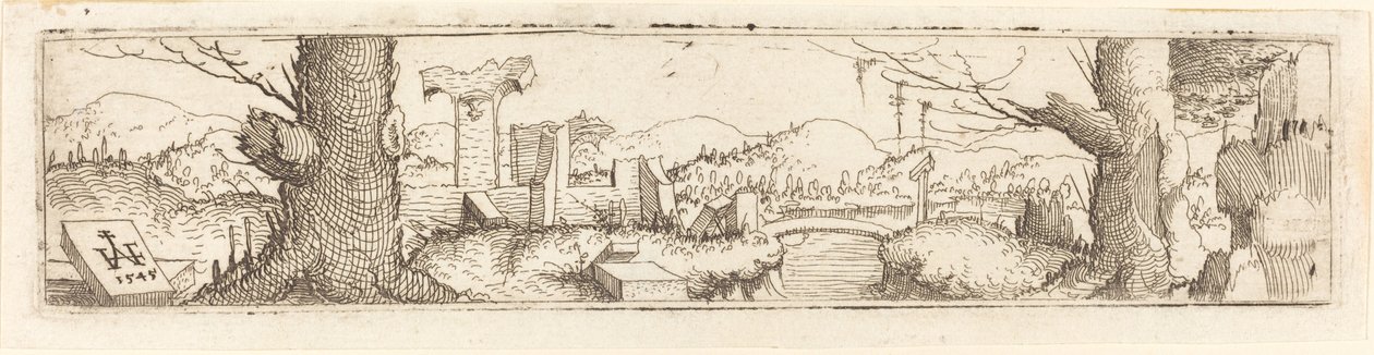 Landskab med en bæk og ruiner, 1545. af Augustin Hirschvogel
