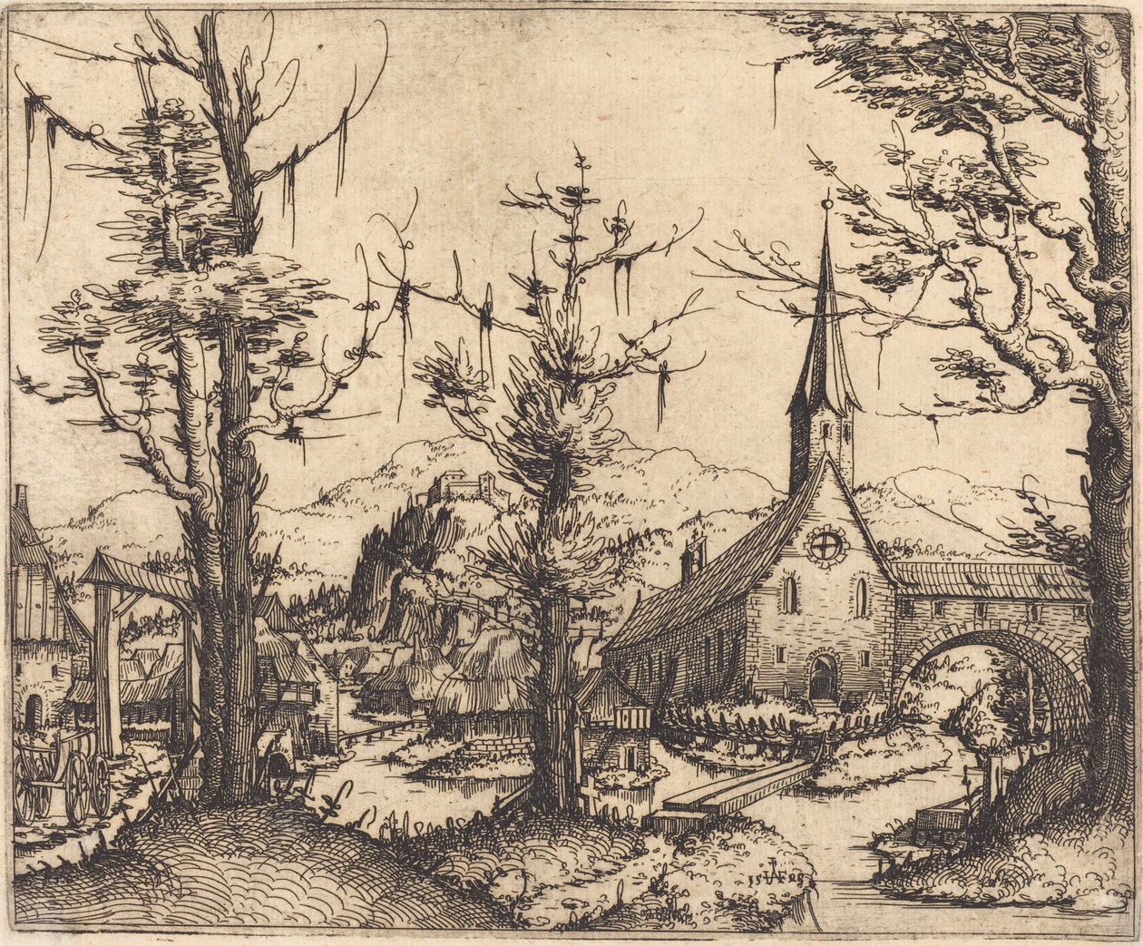 Landskab med en landsbykirke, 1545. af Augustin Hirschvogel