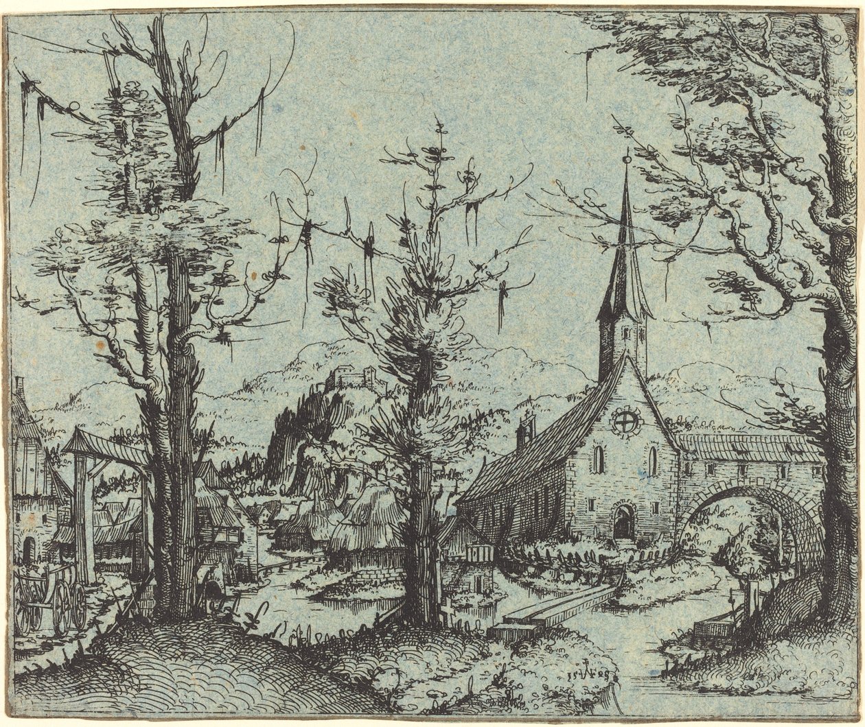Landskab med en landsbykirke, 1545. af Augustin Hirschvogel