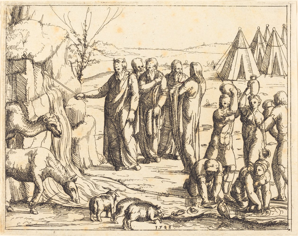 Moses slår klippen af Augustin Hirschvogel