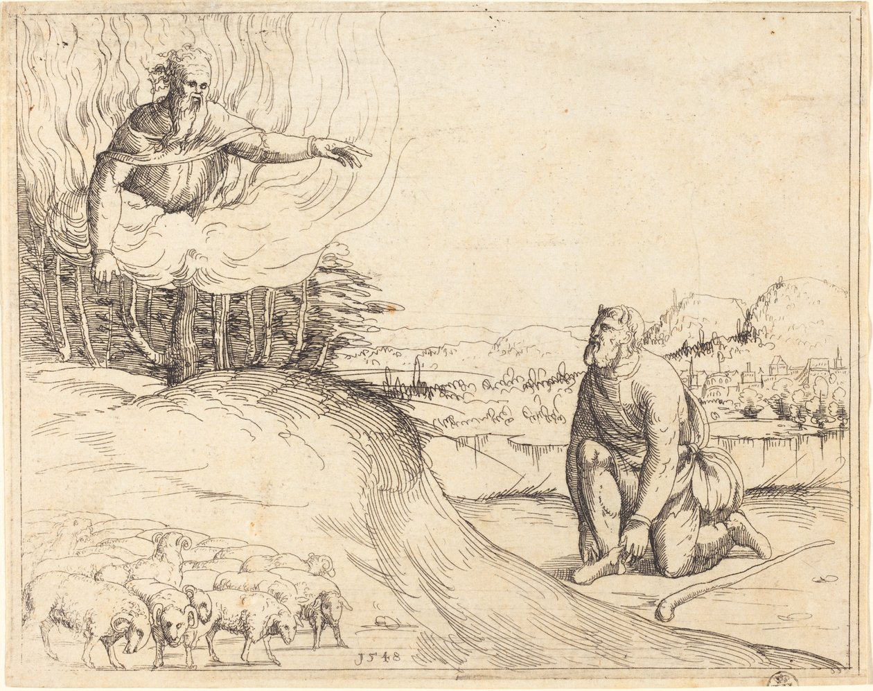 Moses og den brændende busk, 1548. af Augustin Hirschvogel