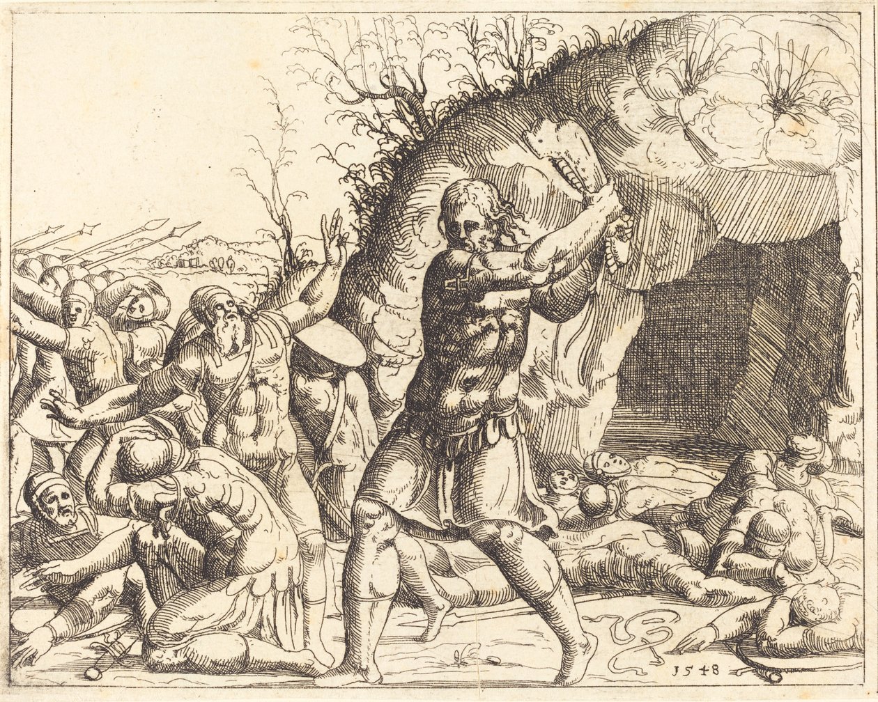 Samson dræber filistrene. af Augustin Hirschvogel