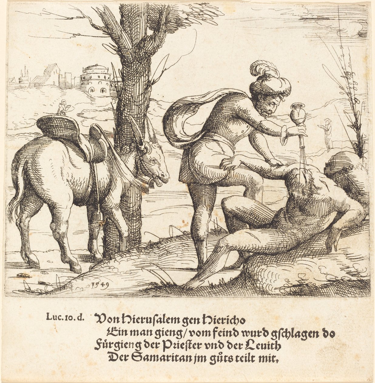 Lignelsen om den barmhjertige samaritaner, 1549. af Augustin Hirschvogel