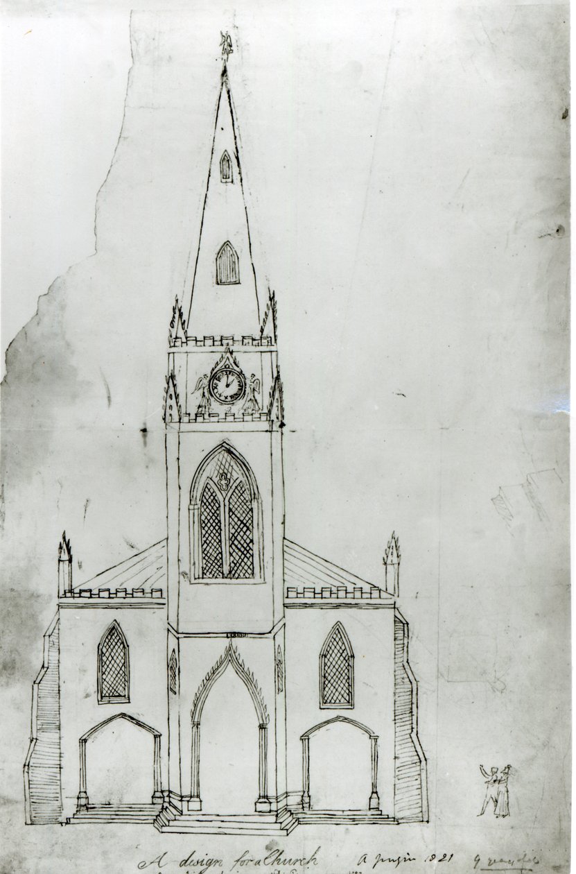 Et design til en kirke, 1821 (blæk på papir) af Augustus Charles Pugin