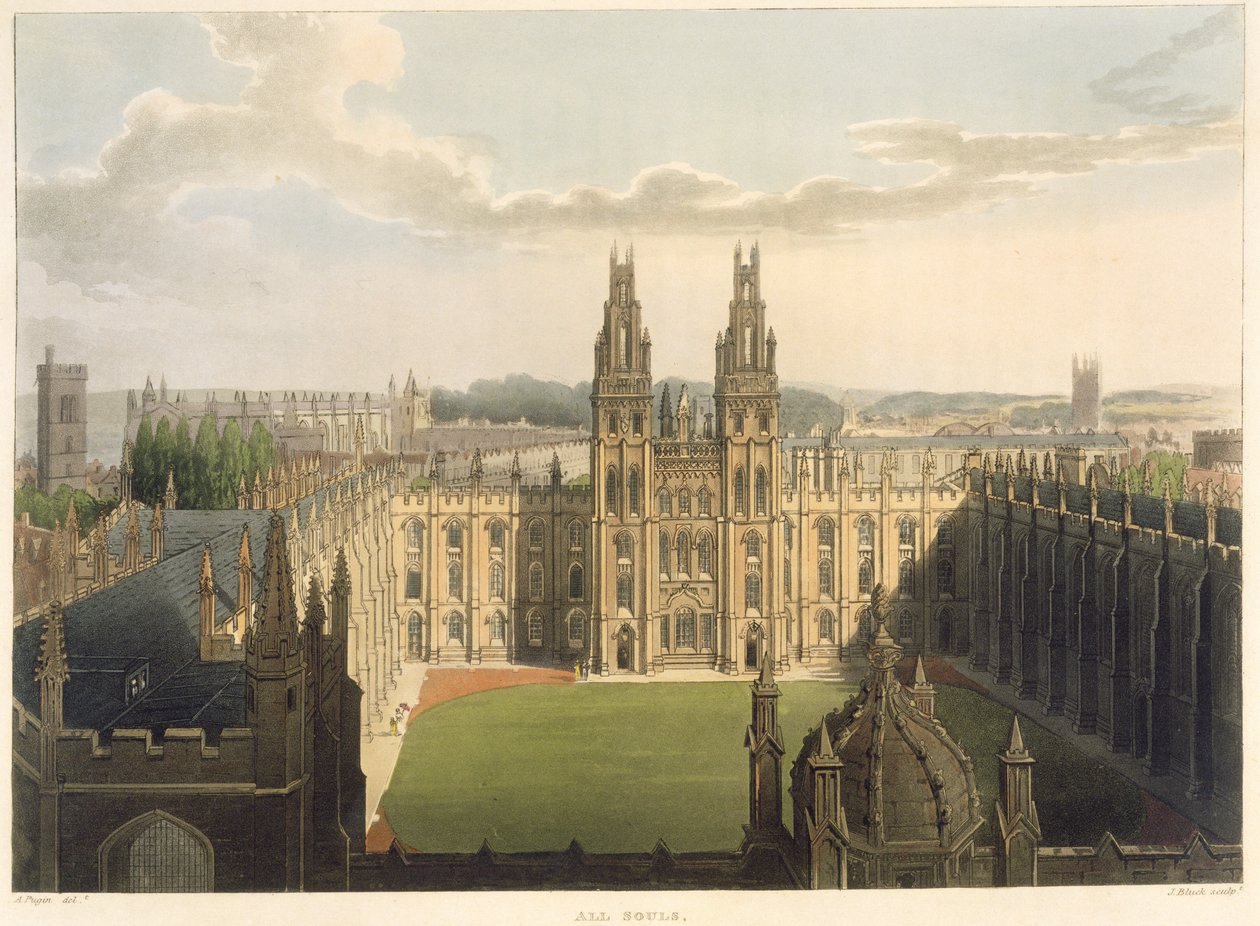 Udvendigt billede af All Souls College, taget fra toppen af Radcliffe Library, illustration fra 