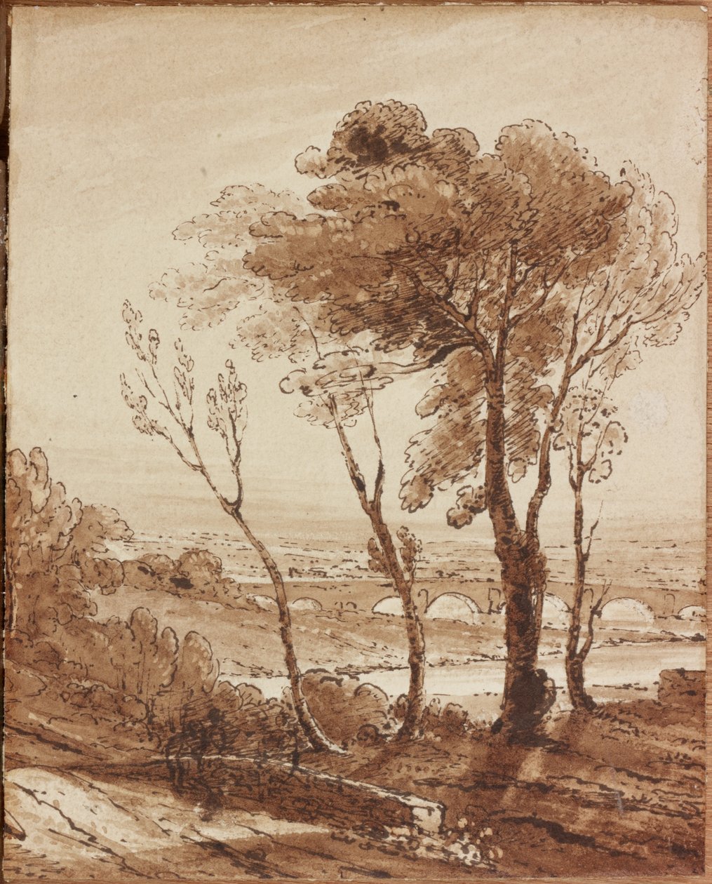 Landskab med bro (blæk og vask på papir (vævet)) af Augustus Wall Callcott