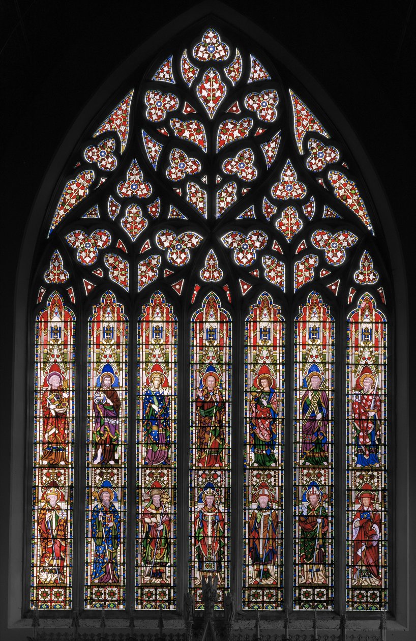 Jomfru og Kristus med hellige, østvindue, 1847-48 af Augustus Welby Northmore Pugin