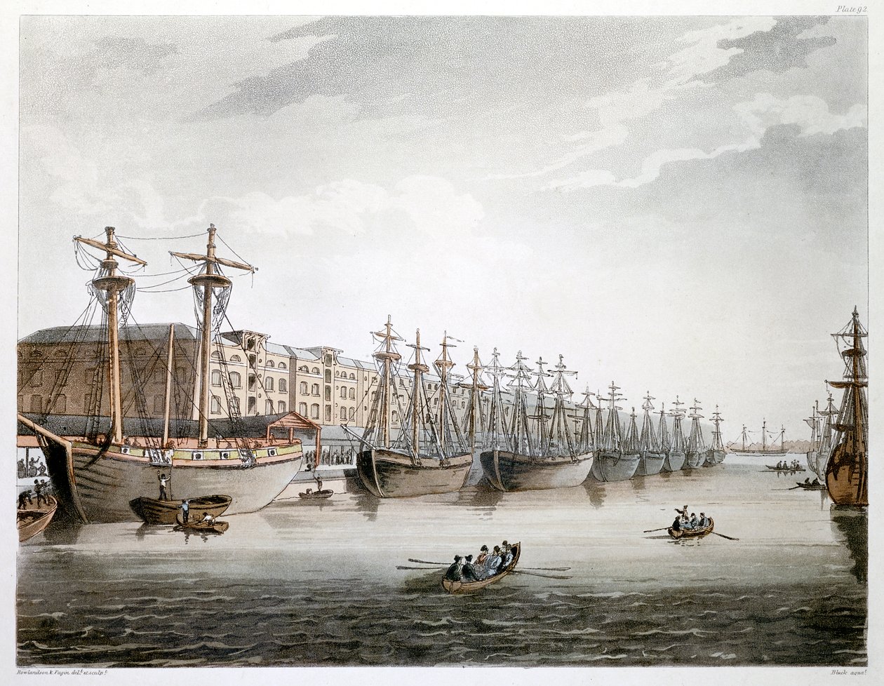 West India Docks, London, 1808-1810 af Augustus Charles Pugin, Thomas Rowlandson