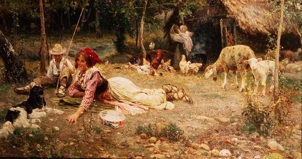 Italiensk gårdscene af Aurelio Tiratelli