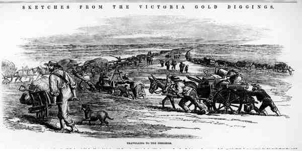 Rejser til udgravningerne, fra skitser fra Victoria Gold Diggings (pen og blæk) af Australian School