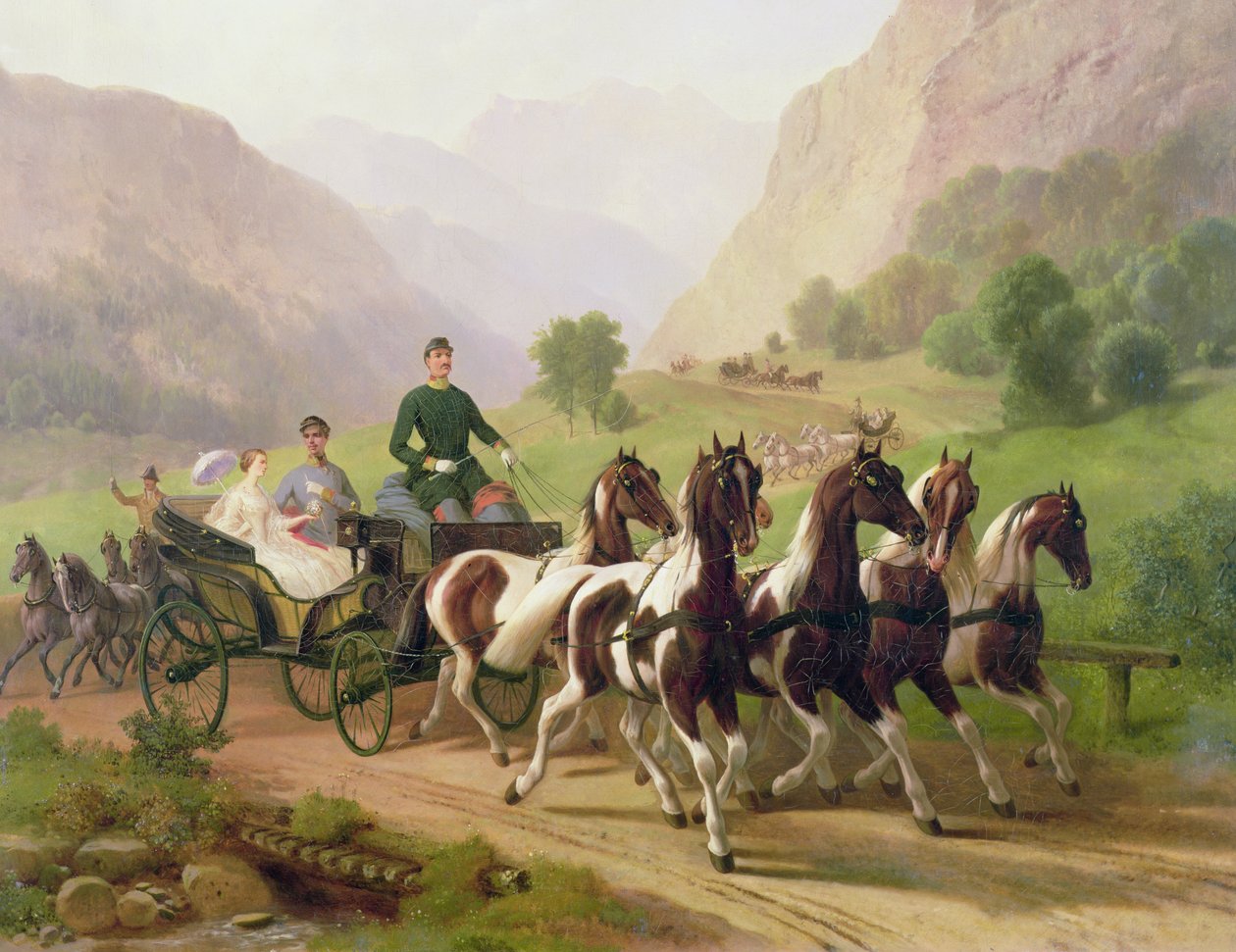 Kejser Franz Joseph I af Østrig, blev kørt i sin vogn med sin kone Elizabeth af Bayern i Bad Ischl, 1855 af Austrian School