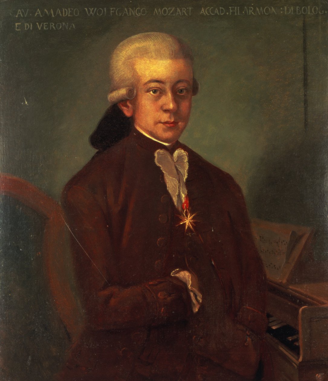 Portræt af Wolfgang Amadeus Mozart (1756-91) iført Den Gyldne Spurs Orden, 1777 af Austrian School