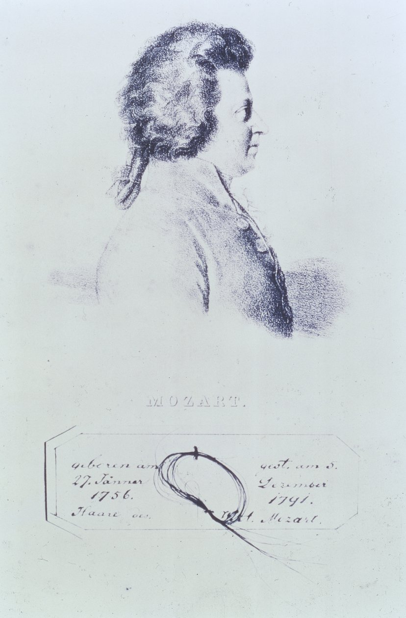 Portræt af Wolfgang Amadeus Mozart (1756-91) med en lok af hans hår fastgjort nedenfor af Austrian School