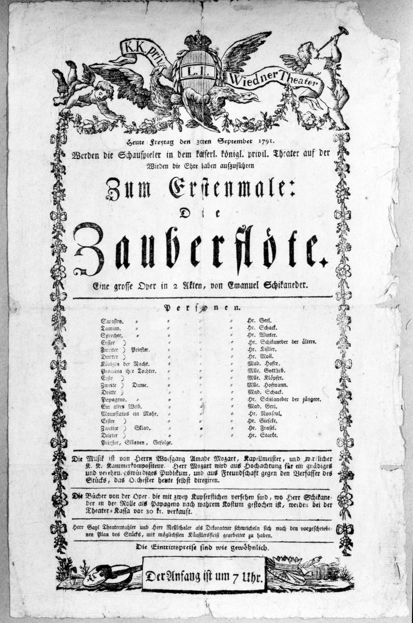 Plakat, der reklamerer for premieren på "Tryllefløjten" af Wolfgang Amadeus Mozart i Freihaustheater (nu Theater an der Wien), 1791 af Austrian School