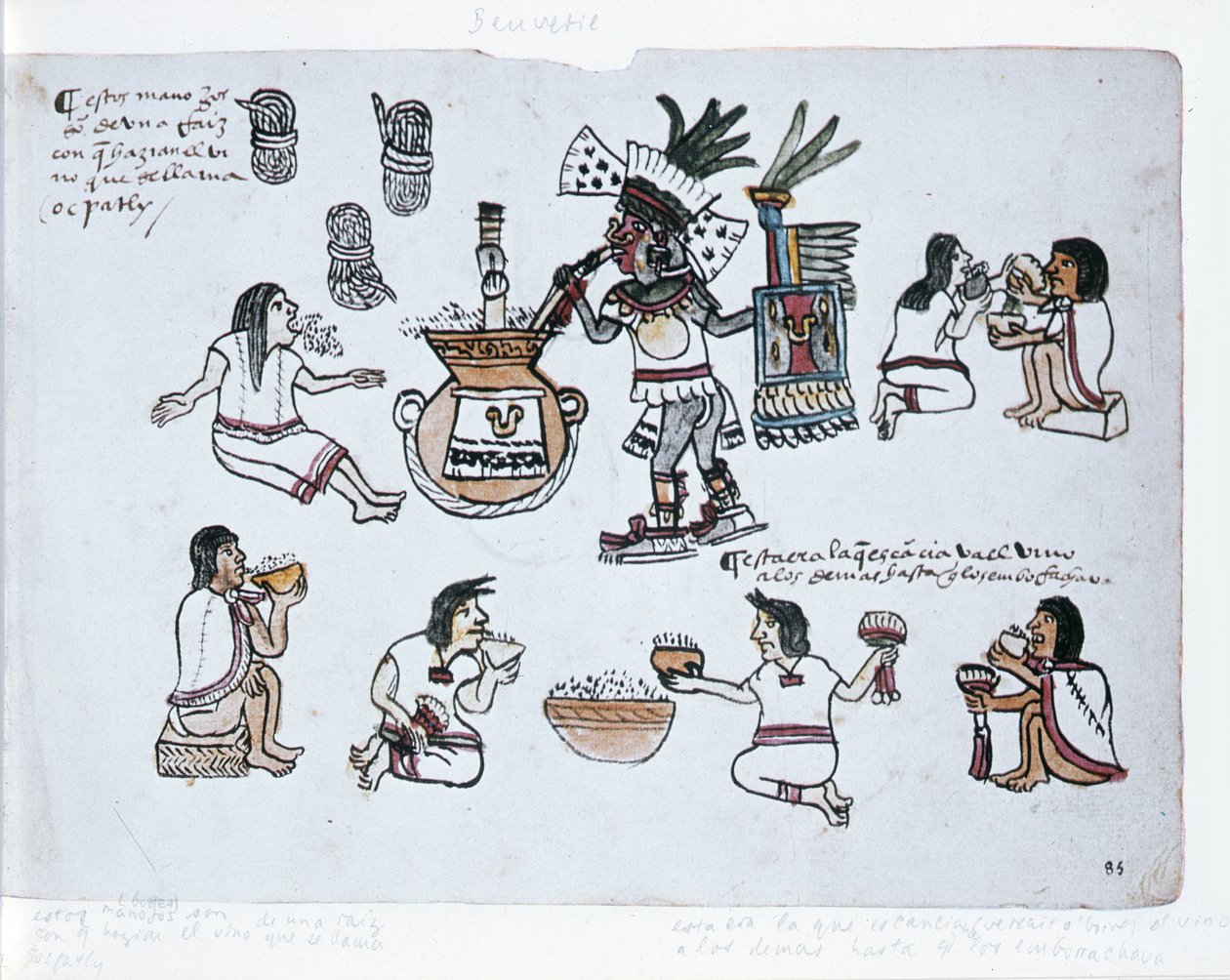 Aztec Pulque Deity blæser på et rør over en krukke med pulque og mænd drikker pulque, illustration fra Codex Magliabechiano af Aztec