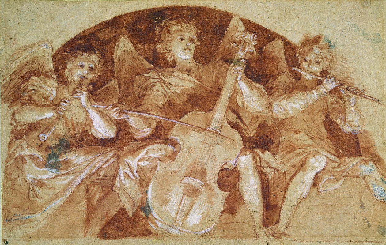 Three Angel Musicians (pen og blæk og rødt kridt på papir) af Baldassare Franceschini