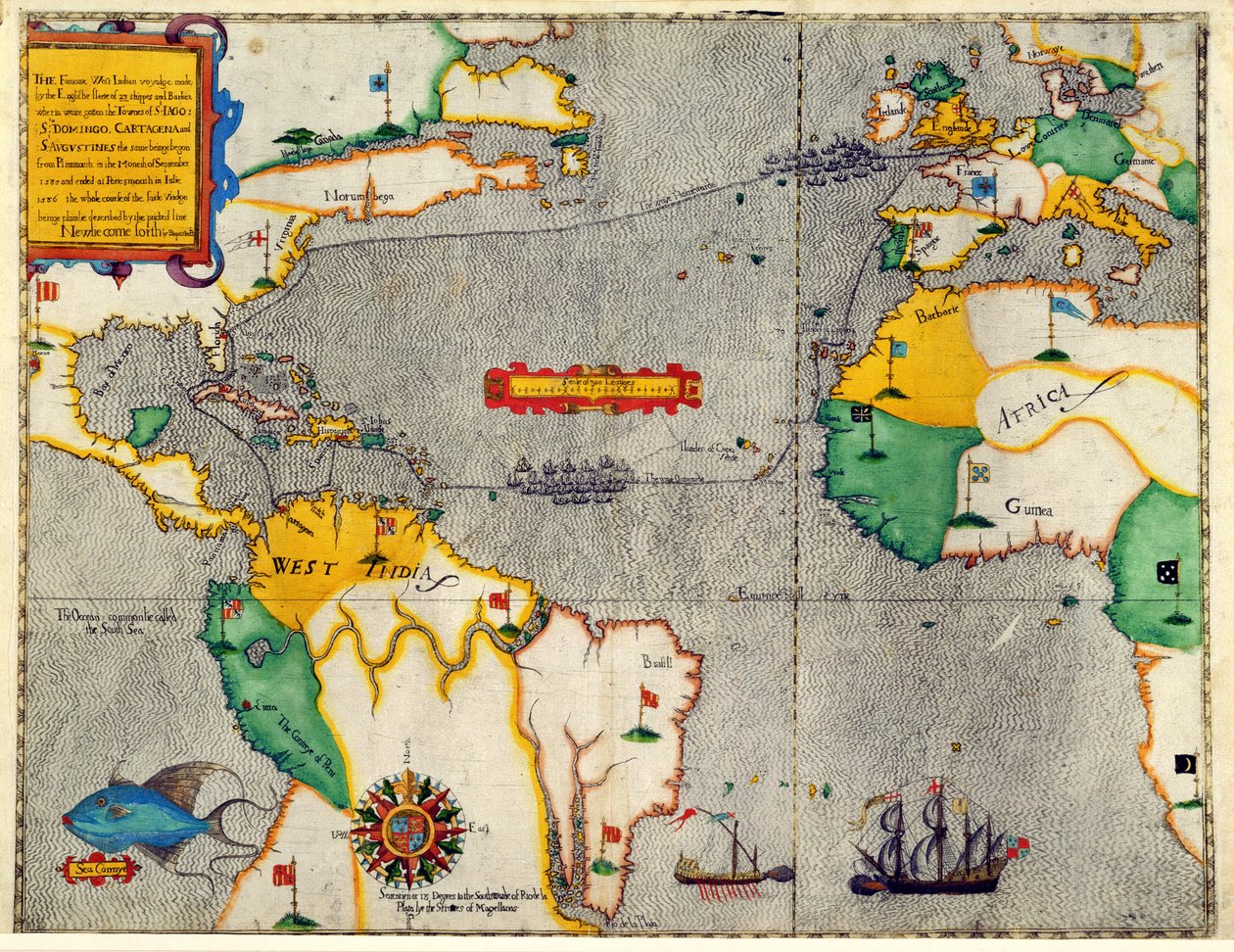 Den berømte vestindiske rejse foretaget af den engelske flåde af 23 skibe og barker, hvori vi kommer til byerne St. Iago, Sto Domingo, Cartagena og St. Augustines, det samme væsen, der startede fra P. af Baptista Boazio