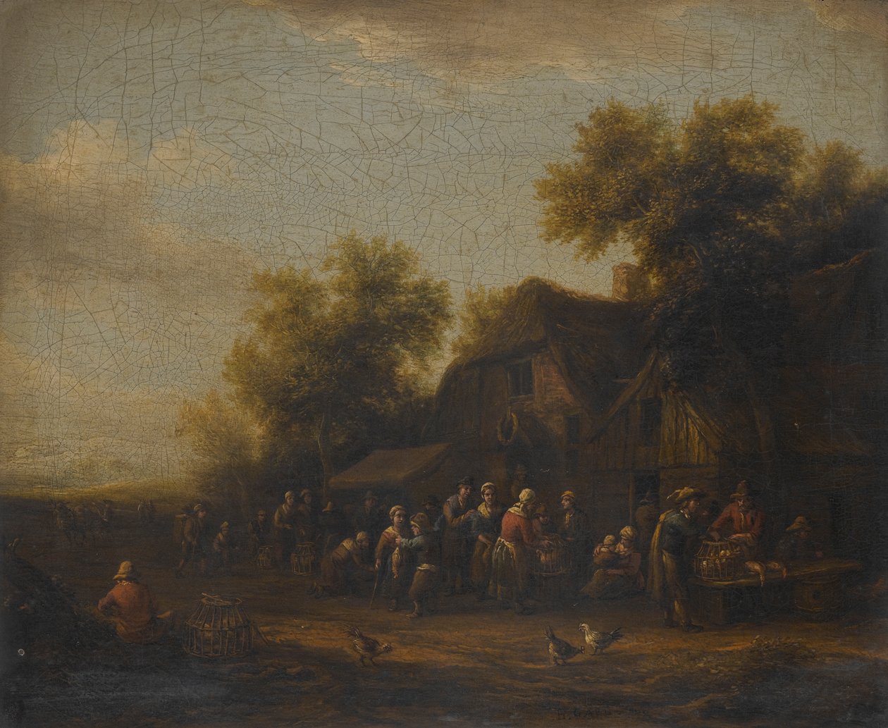 Et fjerkræmarked før en landsbykro af Barend Gael or Gaal