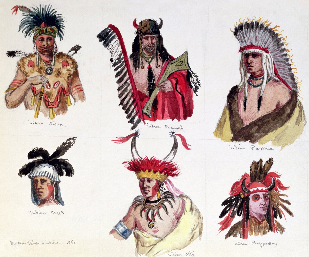 Portrætter af seks indianere fra Sioux-, Renard-, Pawnee-, Creek-, Otto- og Chippewa-stammerne, 1861 af Maurice Sand