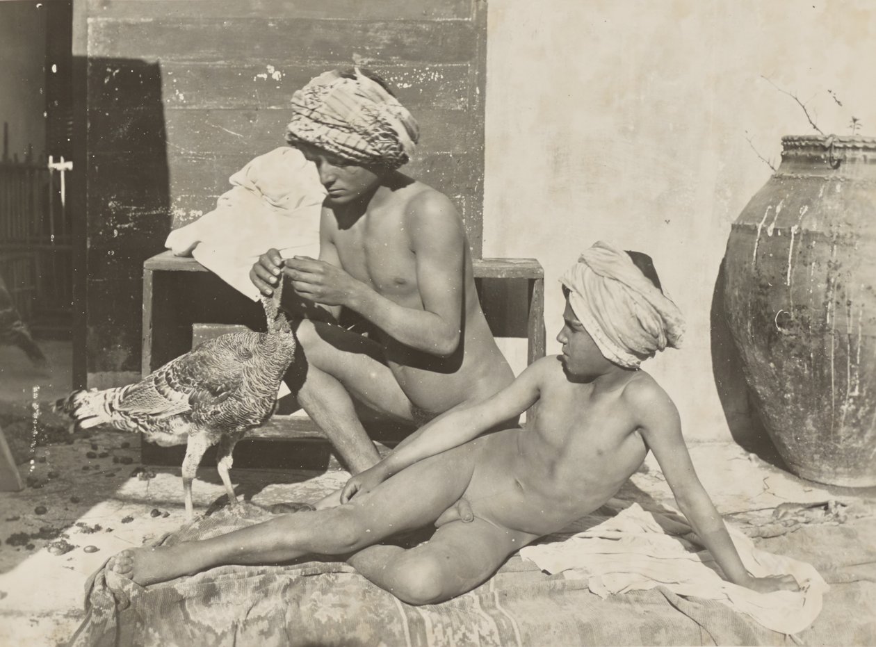 [To nøgne unge med kalkun]. af Baron Wilhelm von Gloeden