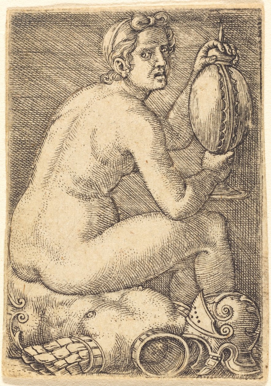 Nøgen kvinde på en rustning (Prudentia?) af Barthel Beham