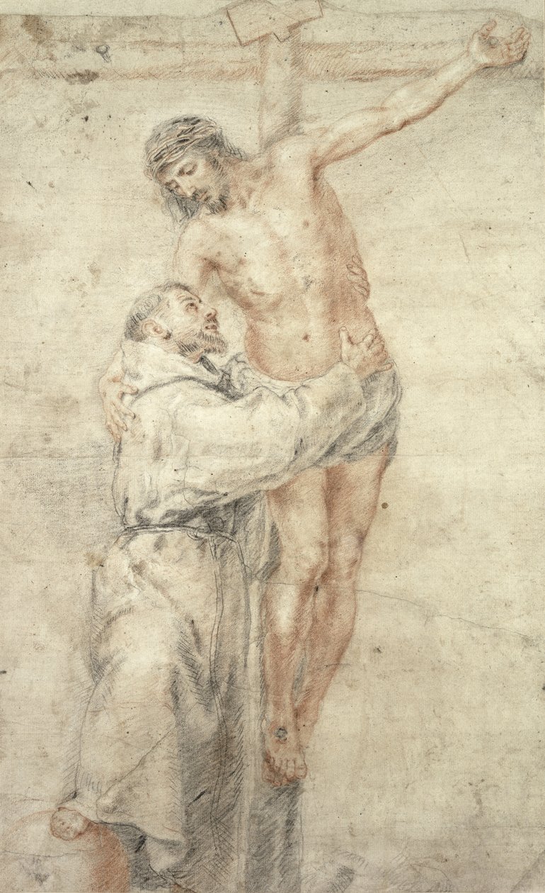 St. Francis afviser verden og omfavner Kristus (rødt og sort kridt på papir) af Bartolomé Esteban Murillo