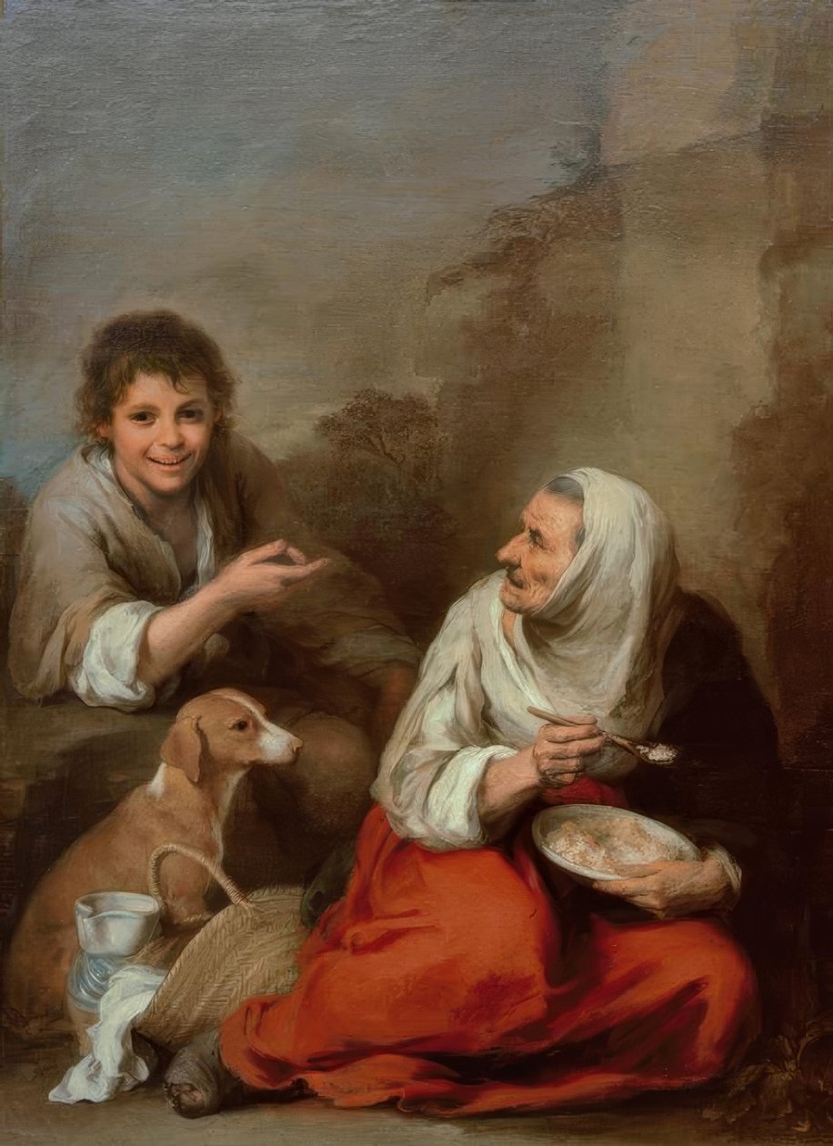 Gammel kvinde, hånet af en dreng af Bartolomé Esteban Murillo