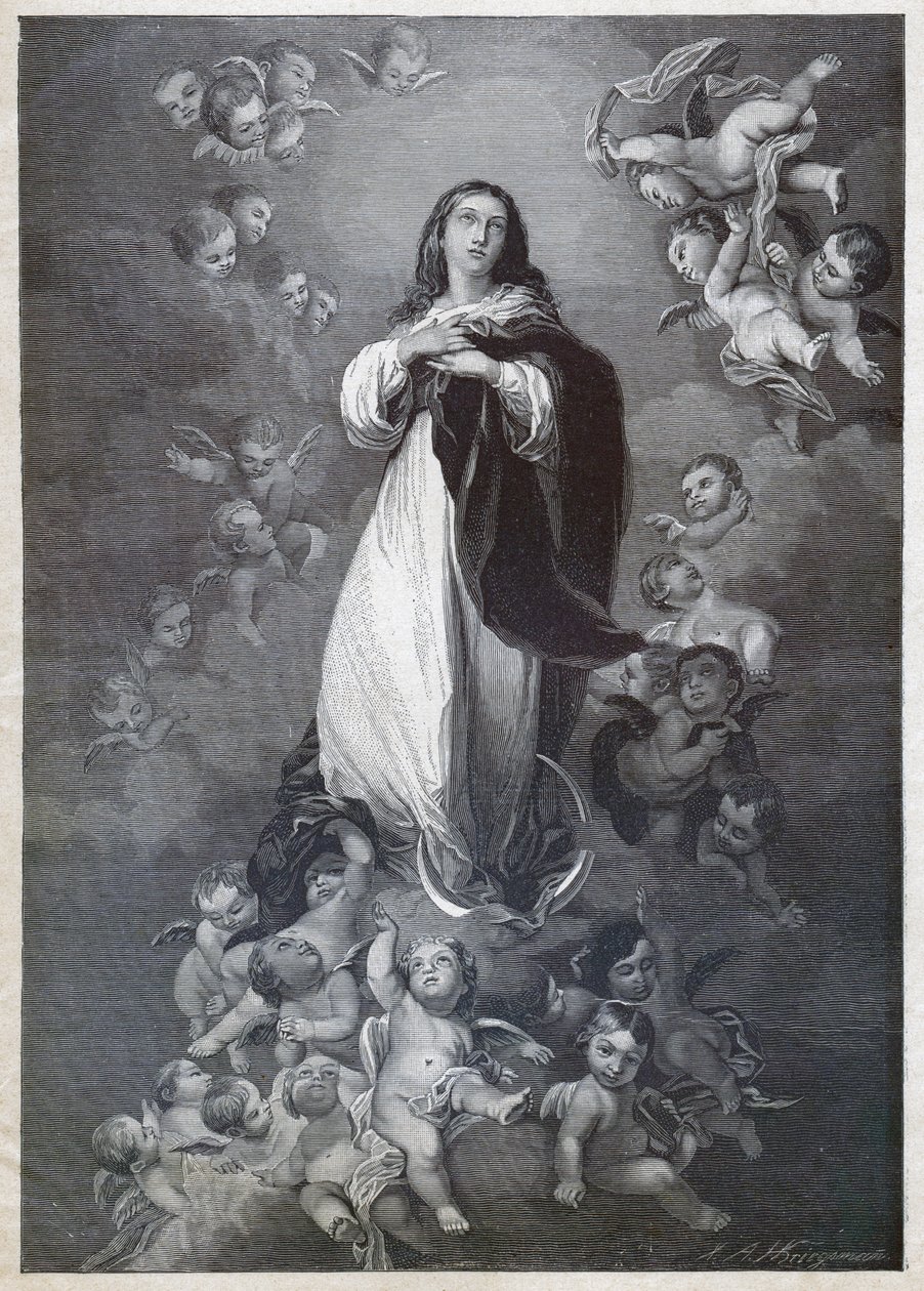 Den ubesmittede undfangelse. (gravering, omkring 1900) af Bartolome Esteban (after) Murillo