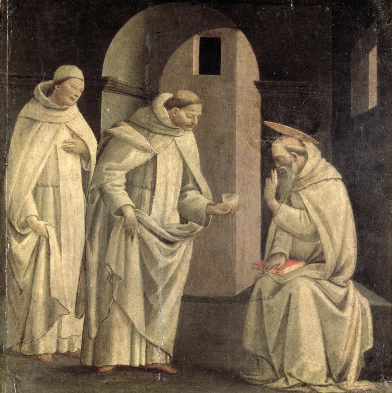 Scener fra St. Benedikts liv: Skt. Benedikte velsigner giftbægeret, der splintres, predella-panel, ca. 1488 (panel) af Bartolomeo di Giovanni