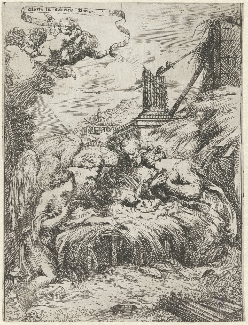 Tilbedelse af Maria, Josef og Engle af Bartolomeo Biscaino