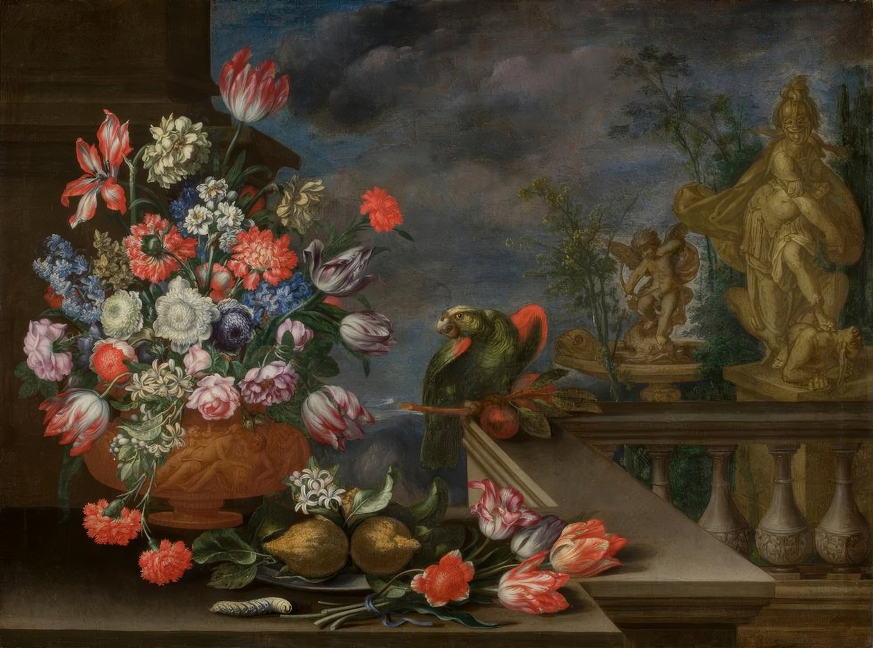 Stilleben med blomstervase, citrusfrugter, papegøje og springvandskulptur af Bartolomeo Ligozzi