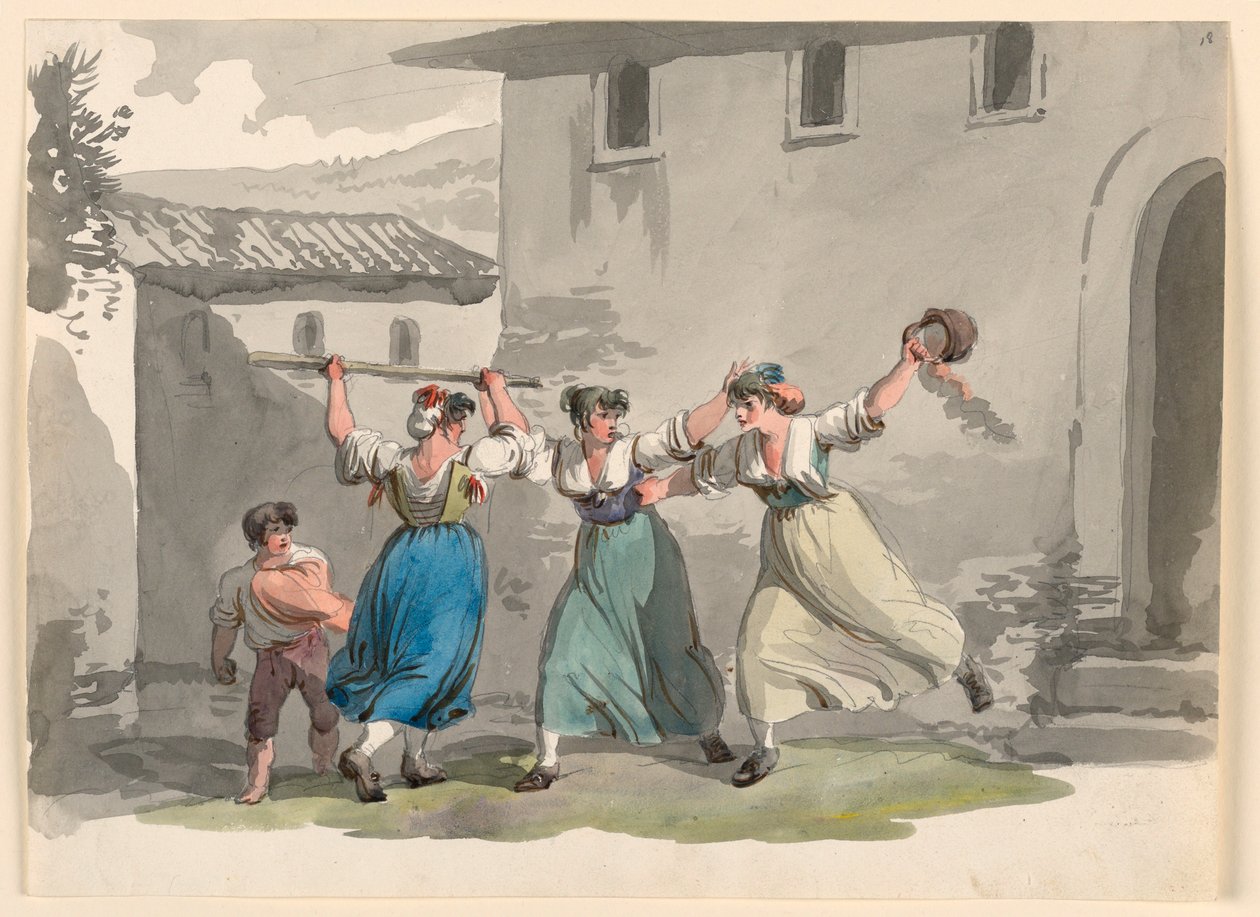 Tegning, Kvindekamp i Rom, 1807-08 af Bartolomeo Pinelli