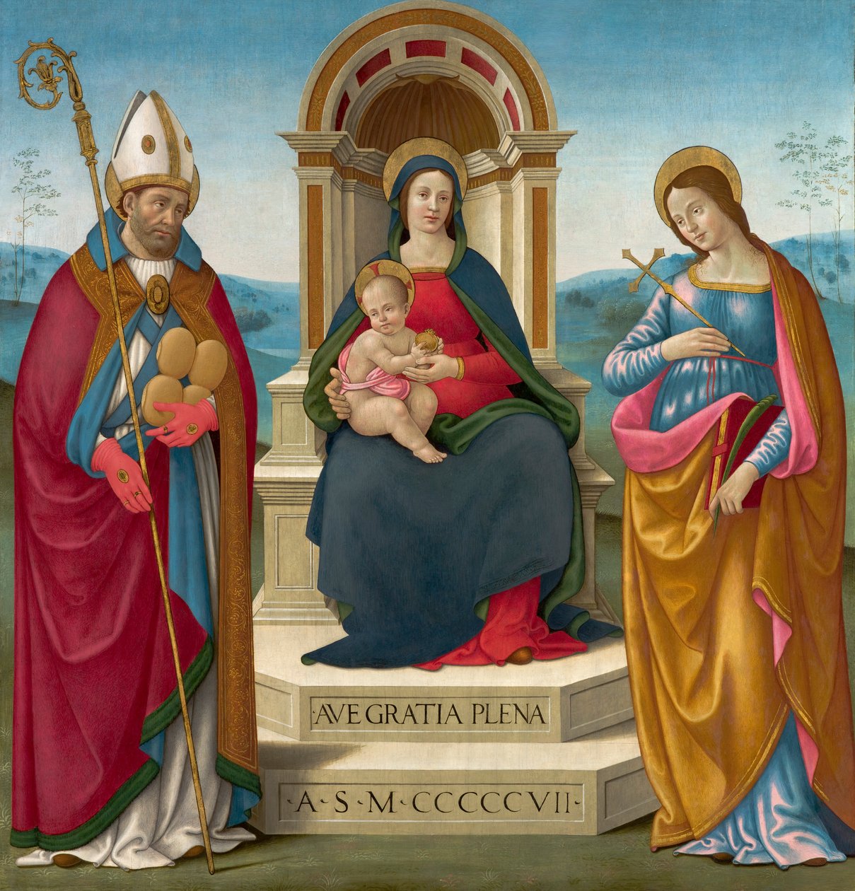 Madonna og barn med St. Justus af Volterra og St. Margaret af Antiokia af Bastiano Mainardi