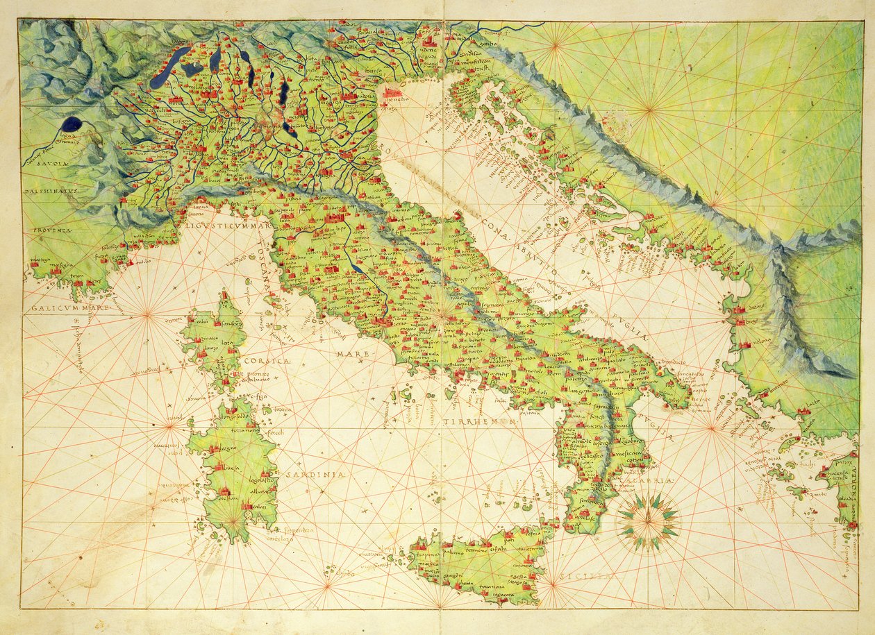 Italien, fra et verdensatlas i 33 kort, Venedig, 1. september 1553 (blæk på vellum) af Battista Agnese