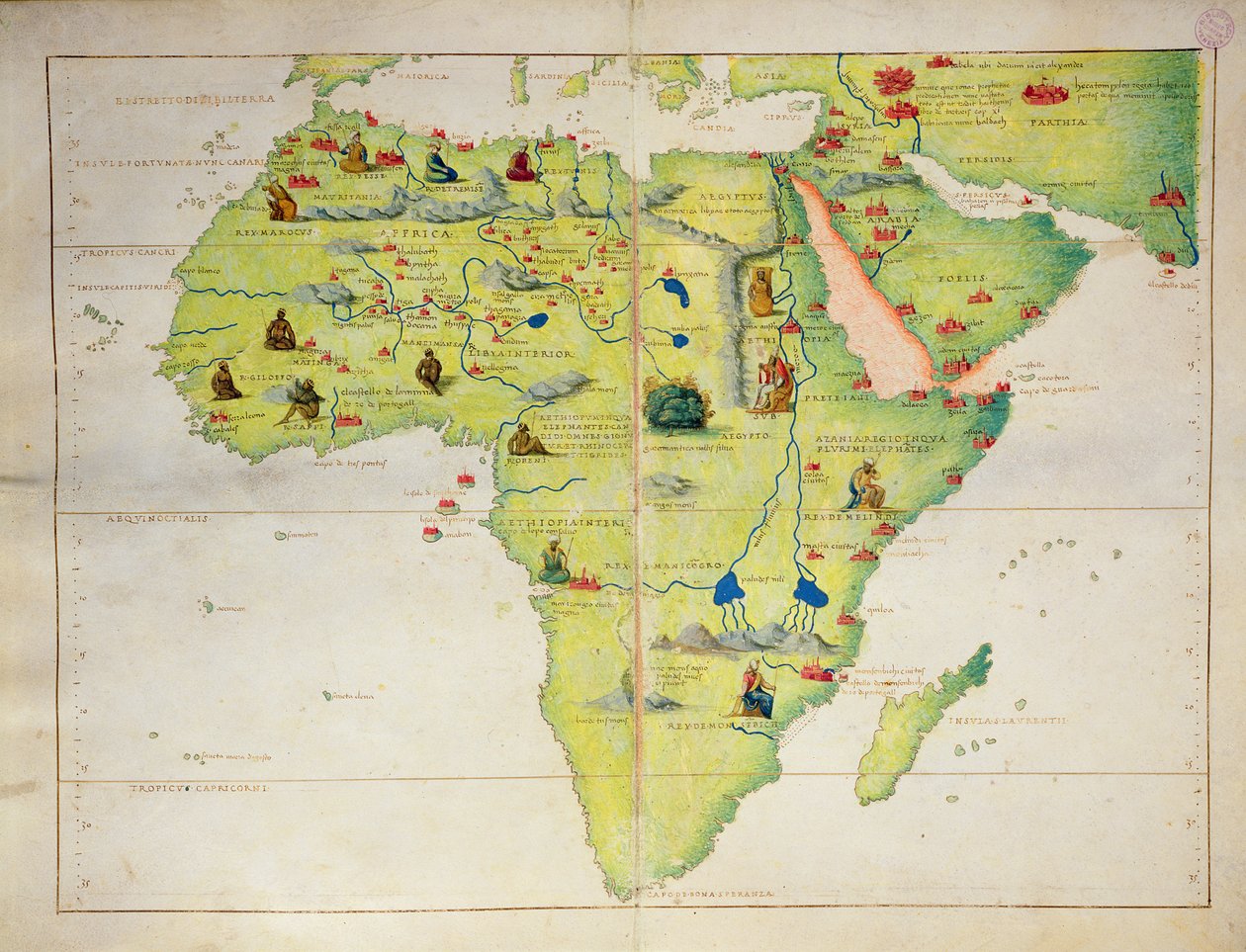 Afrikas kontinent, fra et verdensatlas i 33 kort, Venedig, 1. september 1553 (blæk på vellum) (se også 330947) af Battista Agnese
