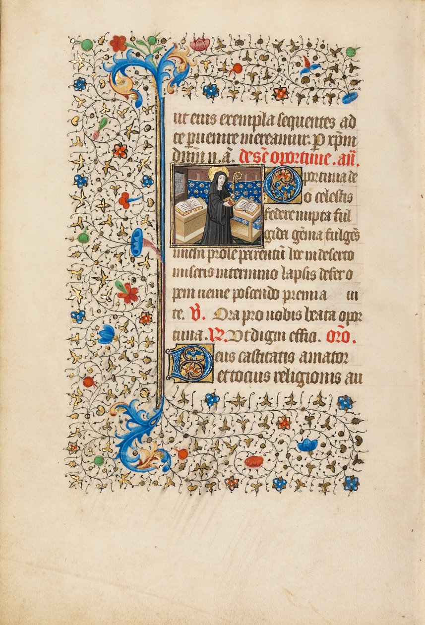 Abbedisse Opportuna med en stav og en bog, ca. 1440-50 (tempera, bladguld, maling og blæk på pergament) af Bedford Master Workshop Bedford Master Workshop