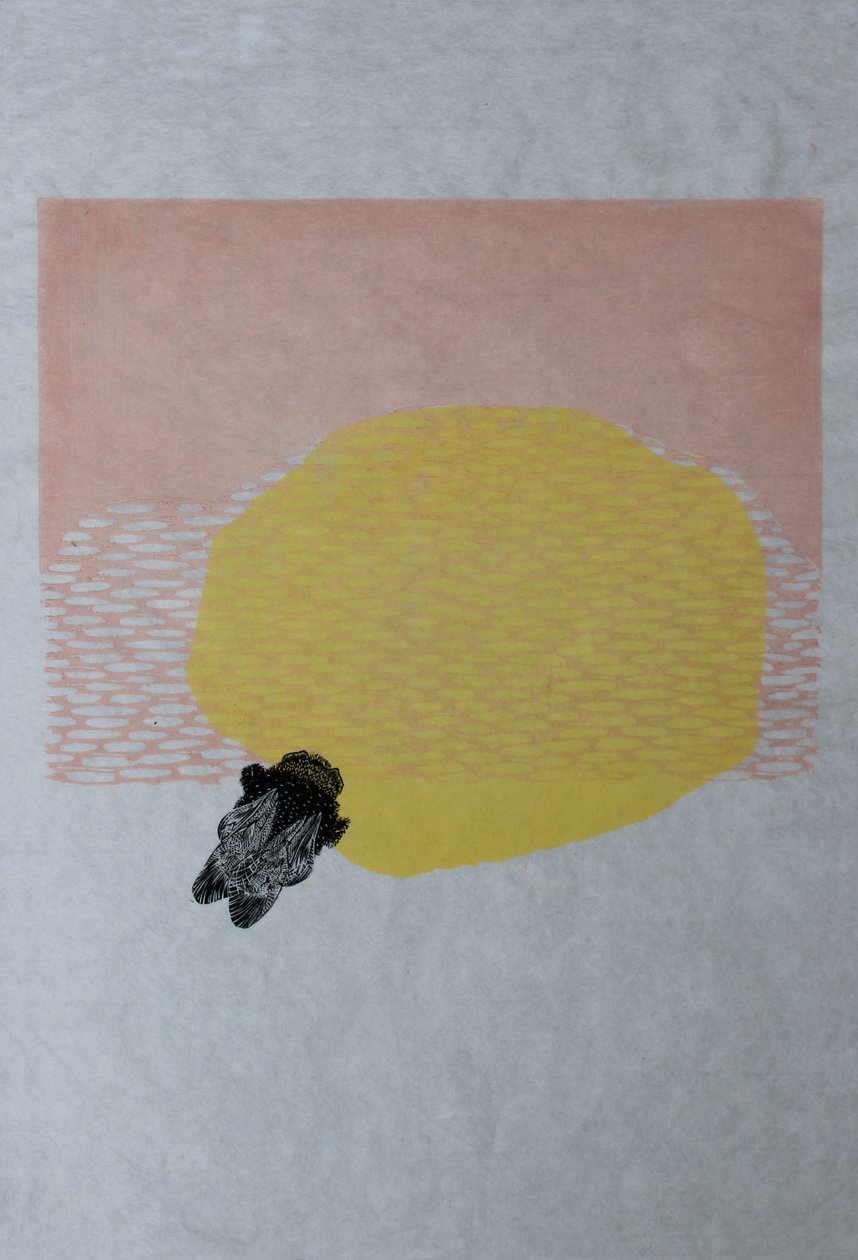 Bumblebee and Sun, 2013 (akvarel og trægravering på washi) af Bella Larsson