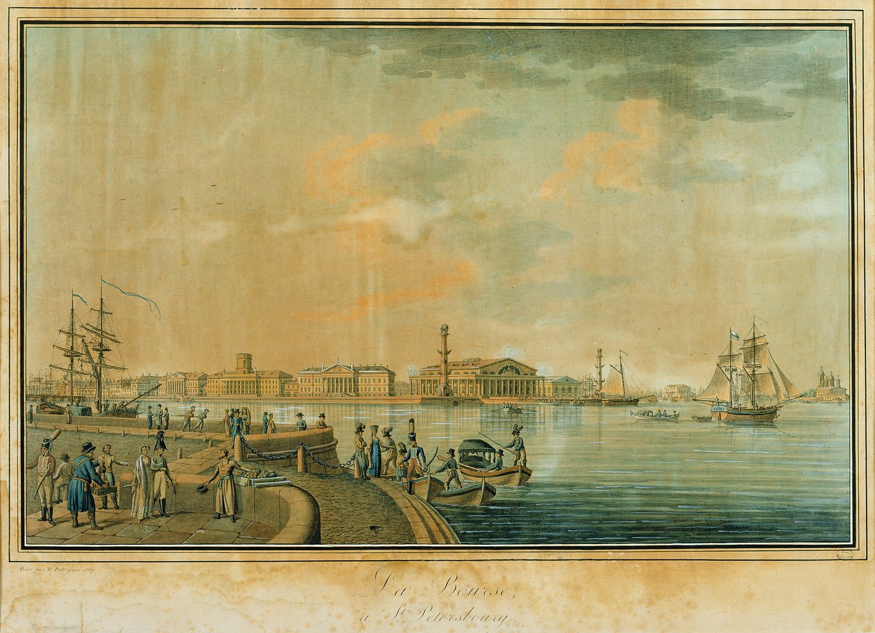 The Bourse and the Rostral Columns, Sankt Petersborg, 1807 (gravering med wc) af Benjamin Patersson