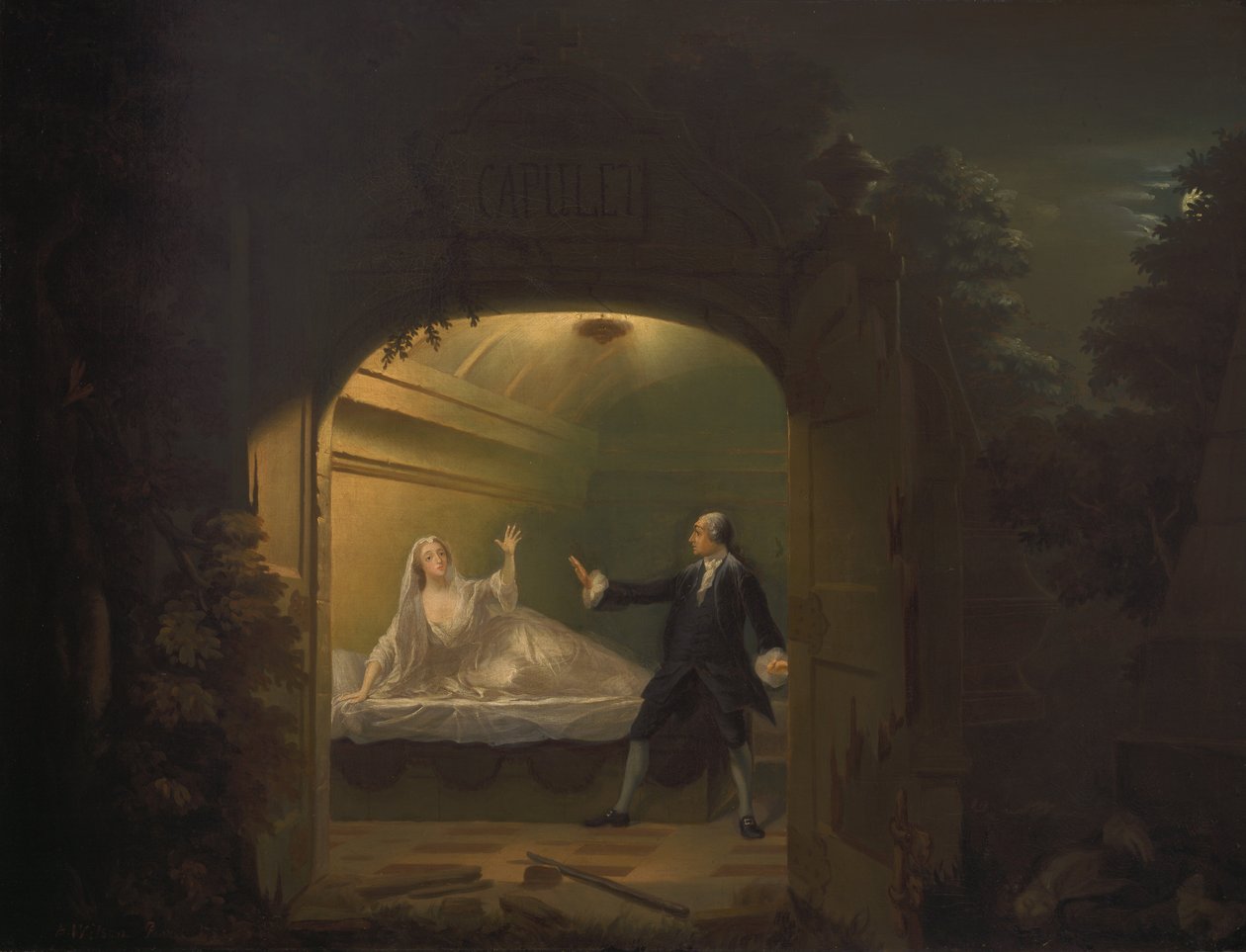 David Garrick og George Anne Bellamy i Romeo og Julie, akt V, scene iii af Benjamin Wilson