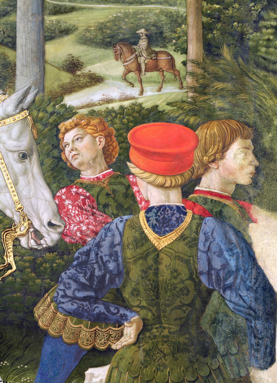 Livrerede ledsagere, detalje fra cyklussen om de tre kongers rejse i kapellet, ca. 1460 af Benozzo di Lese di Sandro Gozzoli