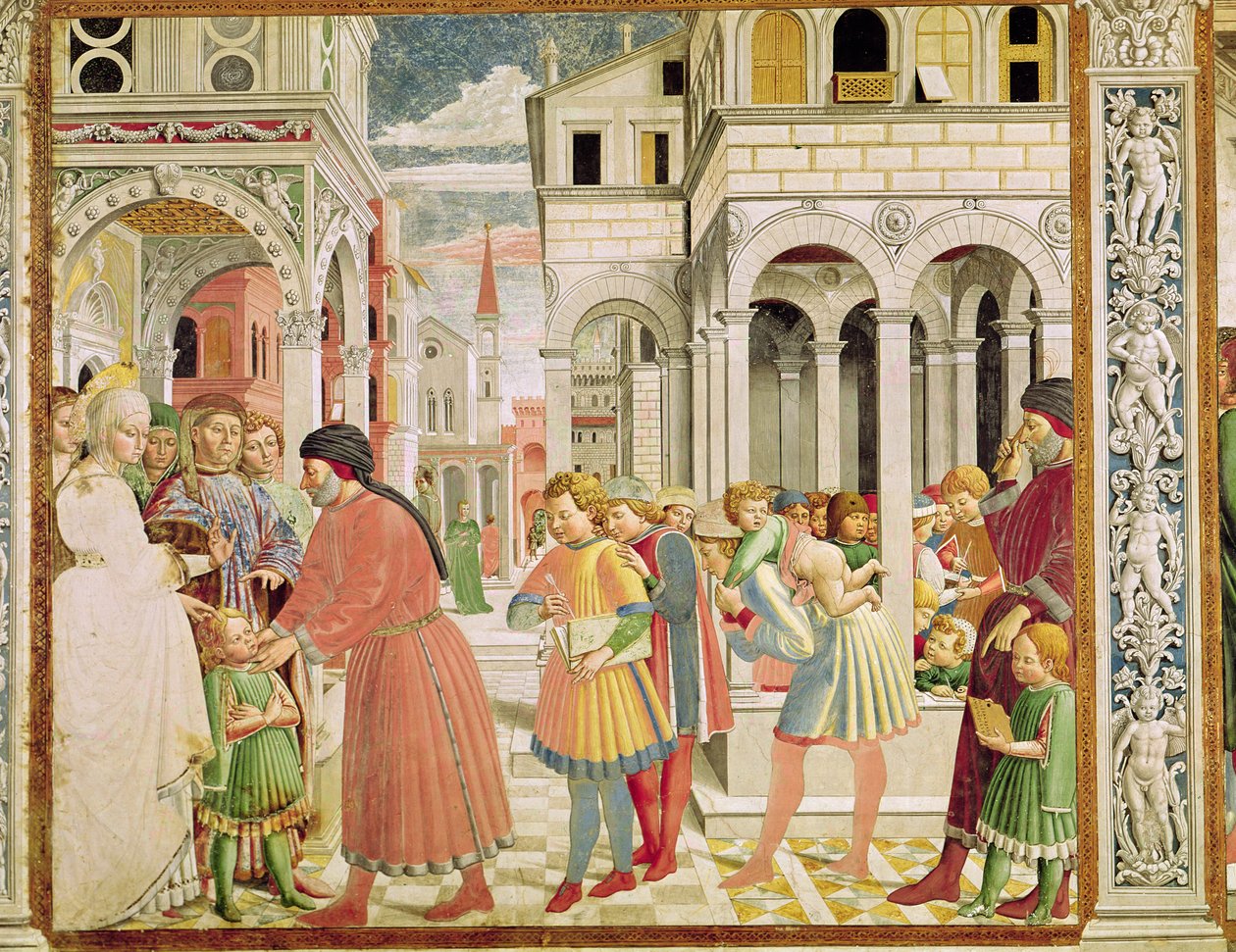 St. Augustine ledes af sine forældre på School of Tagaste, fra St. Augustins liv, 1464-65 af Benozzo di Lese di Sandro Gozzoli