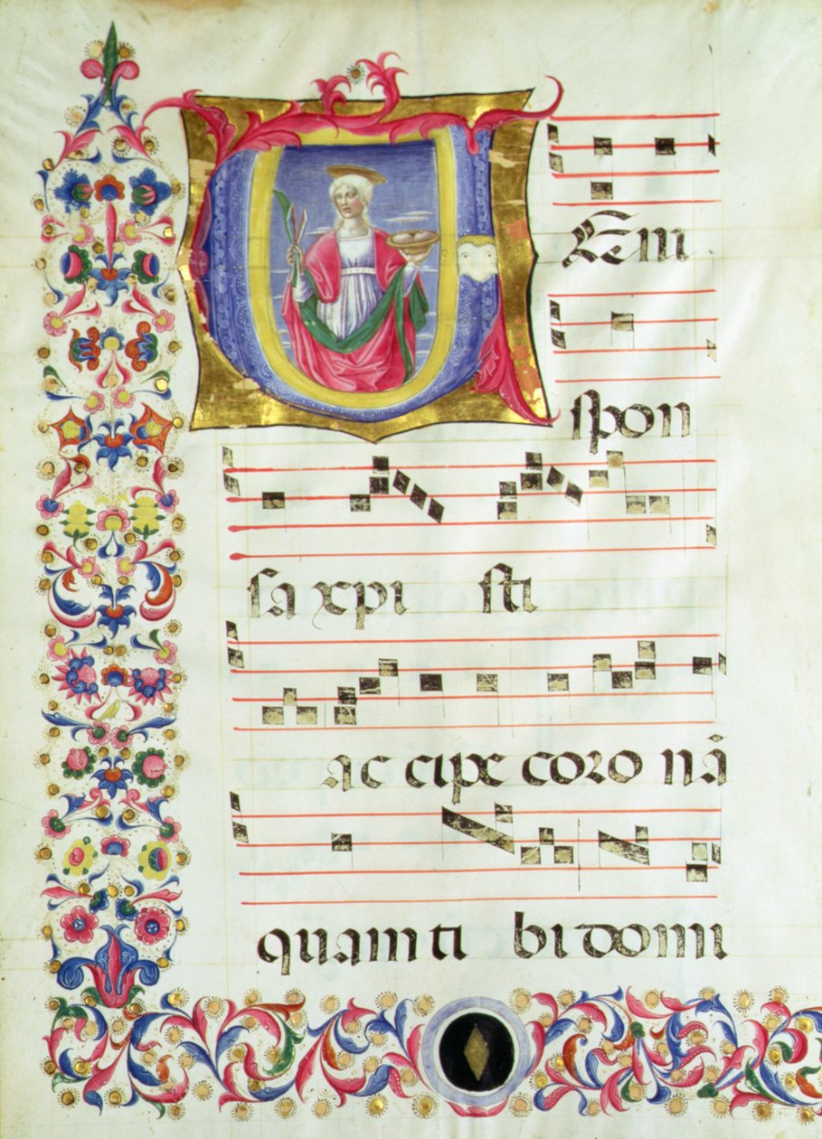 Historikert initial V, der forestiller St. Agatha af Benvenuto di Giovanni