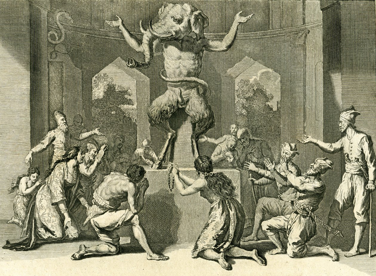 Folk på Ceylon tilbeder guden Ganesh, giver af visdom, sundhed og rigdom, 1729 (kobberstik) af Bernard Picart