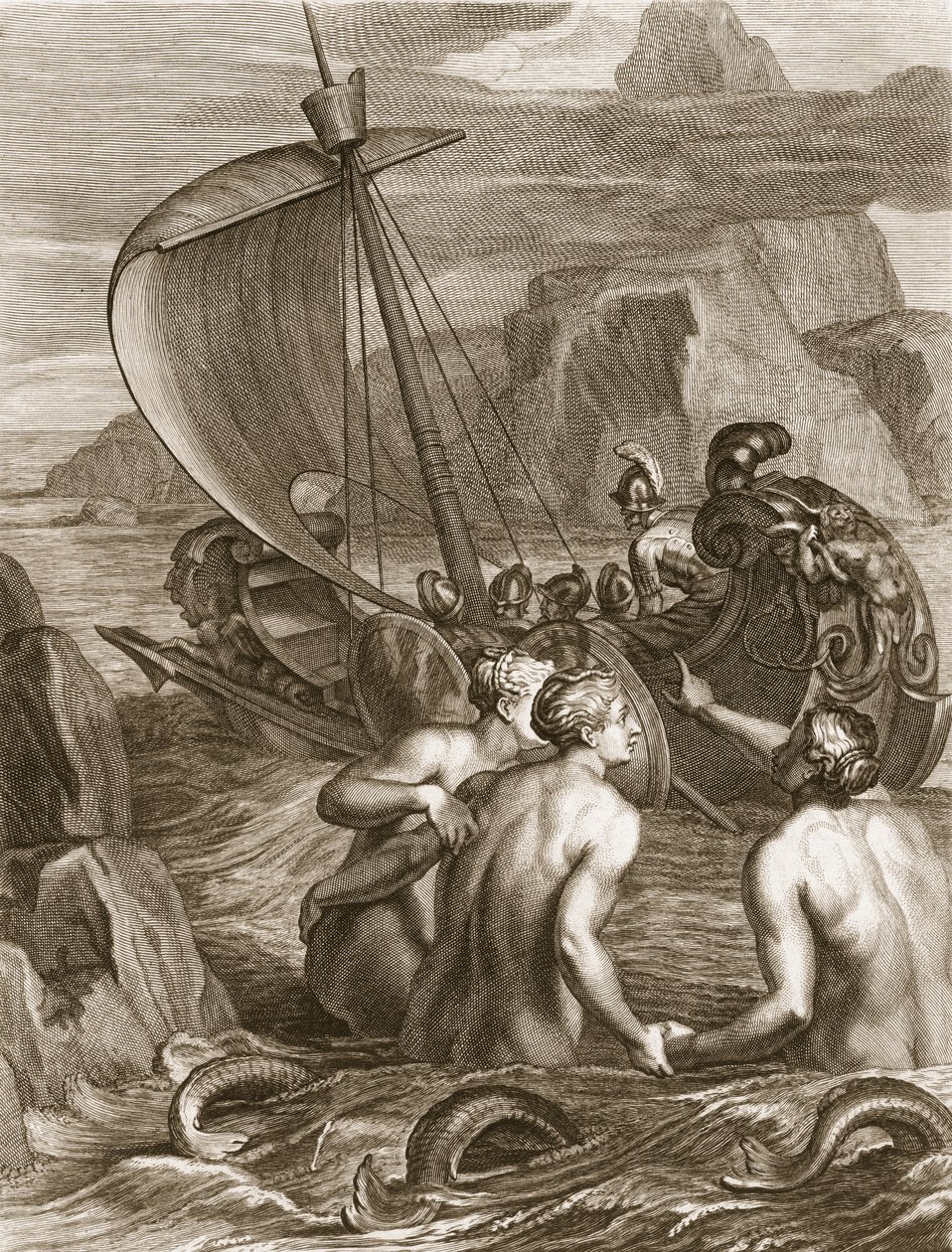 Ulysses og hans ledsagere undgår sirenernes charme, 1731 af Bernard Picart
