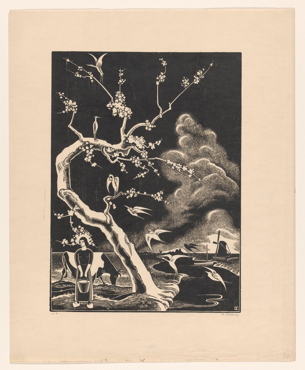 Træ med hejrer af Bernard Essers (signed by artist)