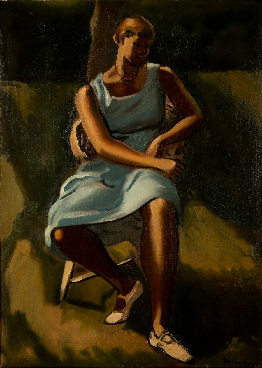 Siddende kvindefigur (olie på lærred) af Bernard Meninsky
