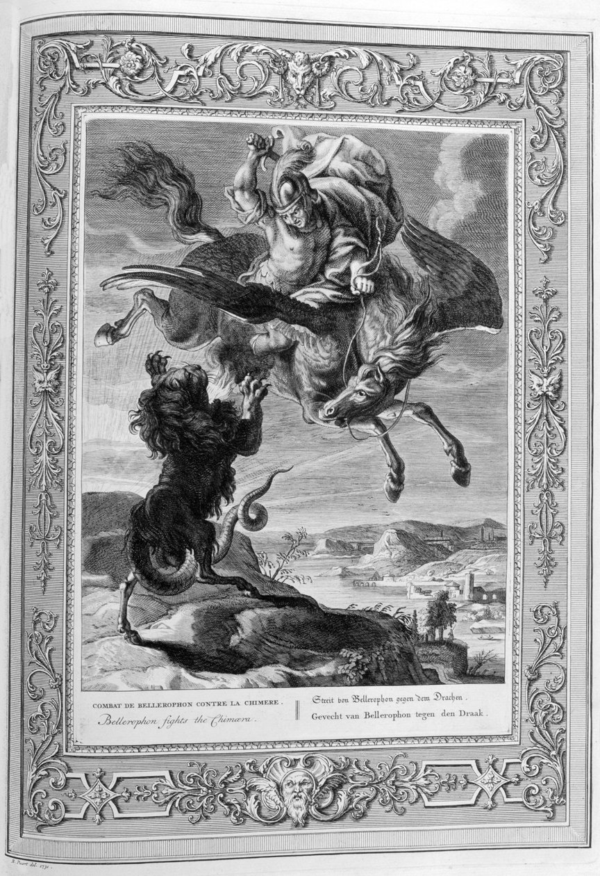 Chimera dræbt af Bellerophon (gravering) af Bernard Picart